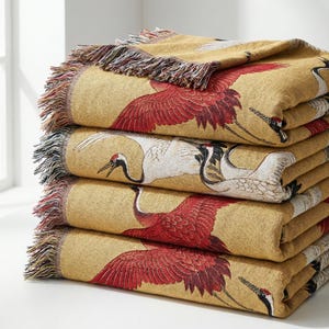 Japanese Crane Woven Blanket, Soaring Birds Tapestry Throw, Japandi Art Decor, Cotton Couch Coverlet zdjęcie 7