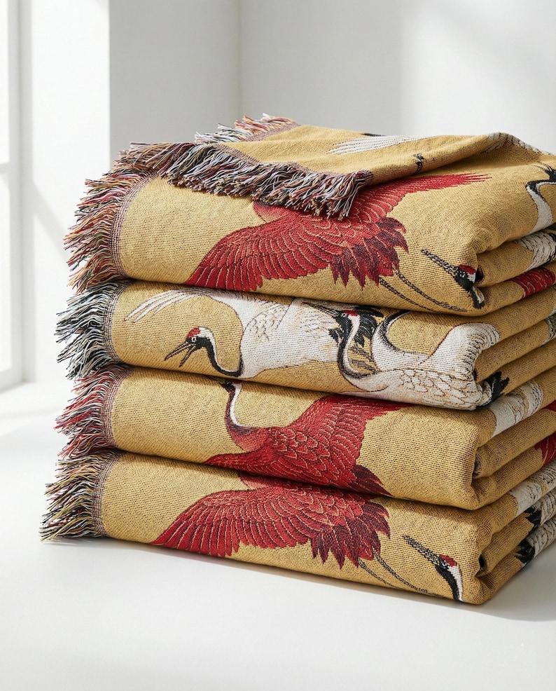 Japanese Crane Woven Blanket, Soaring Birds Tapestry Throw, Japandi Art Decor, Cotton Couch Coverlet zdjęcie 7