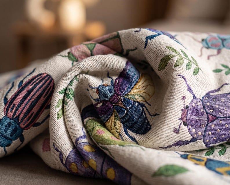 Puede incluir: Tela beige con un patr&oacute;n repetido de escarabajos coloridos en tonos de azul, morado, rosa y verde. La tela est&aacute; doblada, mostrando ilustraciones detalladas de insectos y un tejido texturizado.