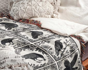 Vintage Raven & Crow Woven Blanket: Gothic Home Decor, Dark Academia Tapestry, Witchy Bird Throw