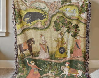 Kanhara Ragini Ragamala Woven Throw Blanket: Krishna, Elephant Demon, Indian Art Tapestry