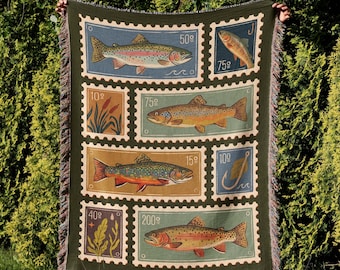 Trout Stamp Woven Blanket - Vintage Fly Fishing Throw, Cabin Decor