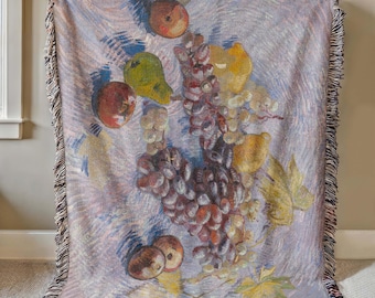 Grapes Lemons Pears Apples Woven Blanket: Fruit Still Life, Swirling Background, Fine Art Tapestry