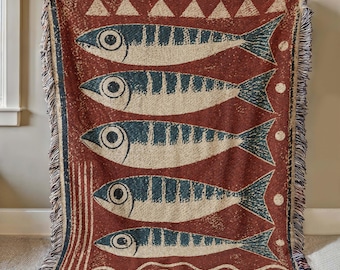 Sardines Woven Throw Blanket: Coastal Nautical Decor, Beach House Tapestry