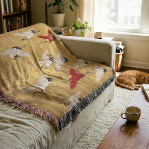 Japanese Crane Woven Blanket, Soaring Birds Tapestry Throw, Japandi Art Decor, Cotton Couch Coverlet zdjęcie 10