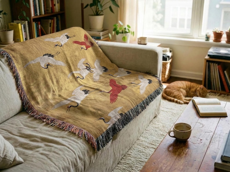 Japanese Crane Woven Blanket, Soaring Birds Tapestry Throw, Japandi Art Decor, Cotton Couch Coverlet zdjęcie 10