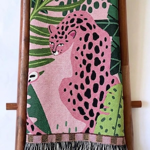 Pink Cheetah Throw Blanket, Tropical Leaf Tapestry, Funky Preppy Decor
