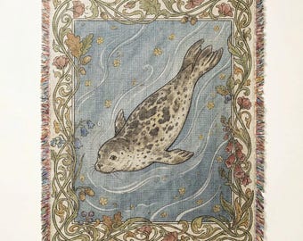 Woven Selkie Blanket, Botanical Sea Life Tapestry, Art Nouveau Ocean Throw
