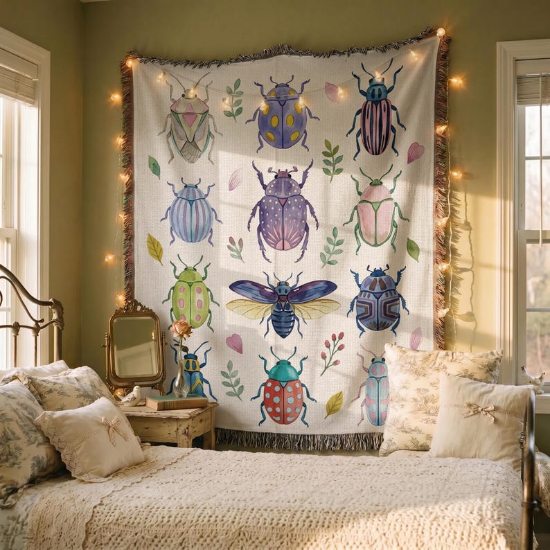 Puede incluir: Una manta crema con un patr&oacute;n repetido de coloridos escarabajos de acuarela y elementos bot&aacute;nicos. La manta con flecos cuelga de una pared, decorada con luces de hadas, sobre una cama con cojines decorativos.