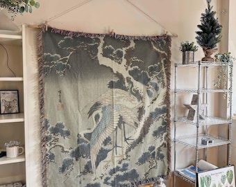 Snowy Pine Crane Woven Blanket: Winter Bird, Japanese Woodblock Tapestry