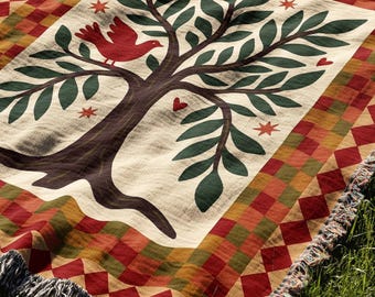 Folk Art Tree of Life Woven Blanket, Scandinavian Cottagecore Throw, Botanical Tapestry, Vintage Style Bedding, Nature Lover Gift