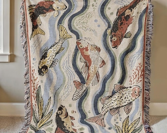 Woven Koi Fish Woven Blanket, Japanese Art Tapestry, Natural Cotton Throw, Zen Garden Decor