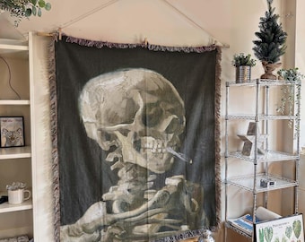 Van Gogh Skeleton Tapestry, Woven Cotton Blanket, Vintage Art Decor