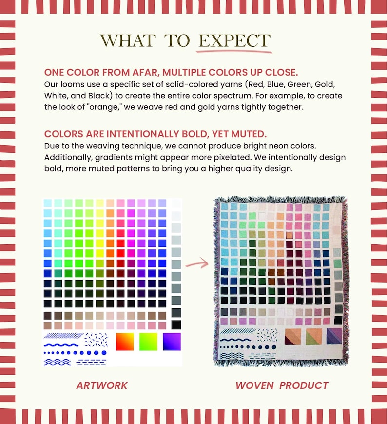 Puede incluir: Imagen que explica el proceso de color de los productos tejidos. El texto dice "QU&Eacute; ESPERAR". Muestra una paleta de colores y un producto tejido con un patr&oacute;n de cuadr&iacute;cula. El texto explica c&oacute;mo se crean los colores utilizando hilos de colores s&oacute;lidos.