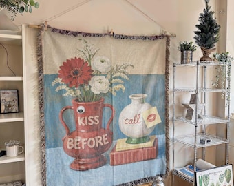 Pop Art Still Life Woven Throw Blanket: Kiss Before Call Vase, Quirky Floral Tapestry