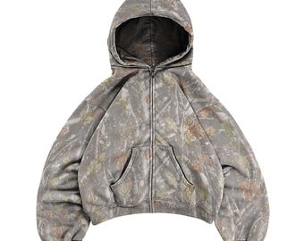 Unisex Oversized Forest Print Jacket Woodland Camo Cropped Zip Up Hoodie & Sweatshirt