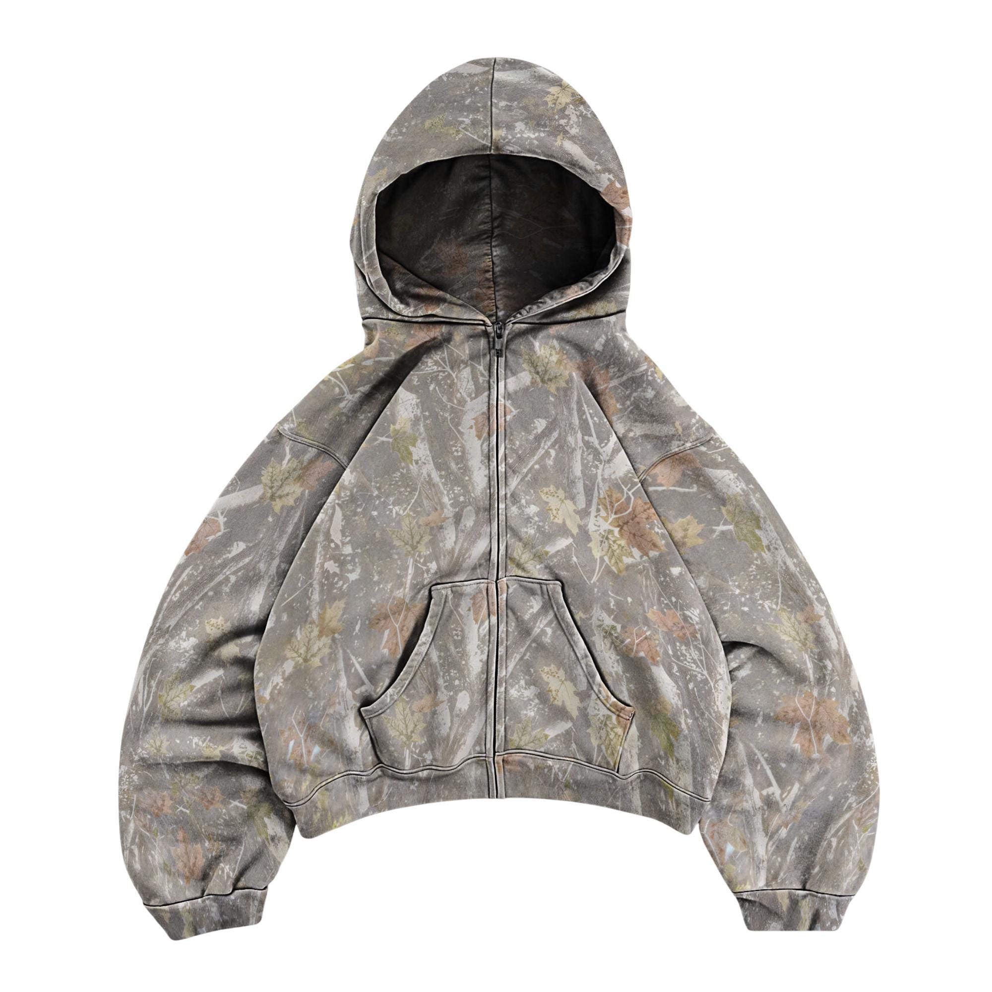 Unisex Oversized Forest Print Jacket Woodland Camo Cropped Zip Up Hoodie & Sweatshirt