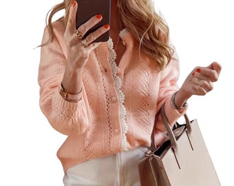 Women's Pink Lace Trim Cardigan Knit Button Sweater