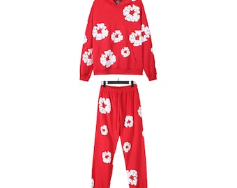 Unisex Flower Print Matching Hoodie & Sweatpants Tracksuit Set