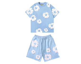 Unisex Floral Print Matching Two Piece Set T-Shirt Shorts Set