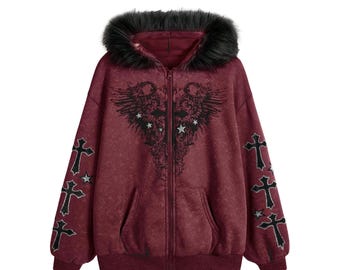Unisex Grunge Wing Zip up Cross Print  Pullover Hoodie