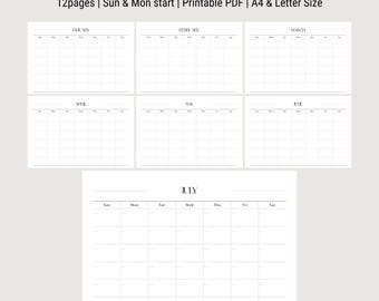 Undated Horizontal Printable Calendar Clean Monthly Planner See Your Month at a Glance