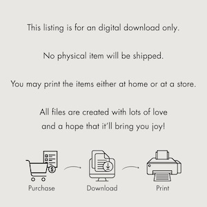 Puede incluir: Imagen con texto: "Este listado es solo para descarga digital. No se enviar&aacute; ning&uacute;n art&iacute;culo f&iacute;sico. Puede imprimir los art&iacute;culos en casa o en una tienda. &iexcl;Todos los archivos est&aacute;n creados con mucho amor y con la esperanza de que te traigan alegr&iacute;a!" con iconos.