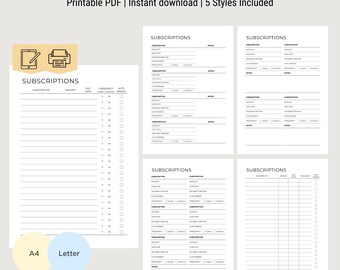 Subscription Tracker Planner Pages Printable PDF for Tracking Subscriptions Bills and Recurring Payments