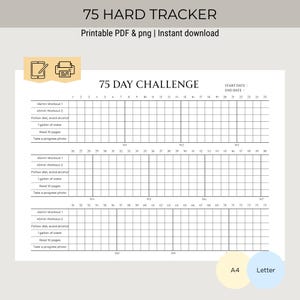 75 Hard Challenge tracker printable with daily habit checklist fitness and discipline focused layout