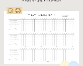 75 Hard Challenge Tracker afdrukbaar | Blijf gedisciplineerd Houd je dagelijkse gewoonten bij en voltooi de 75e uitdaging zonder eraf te vallen