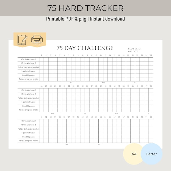 75 Hard Challenge Tracker Printable | Stay Disciplined Track Daily Habits and Finish the 75 Hard Challenge Without Falling Off