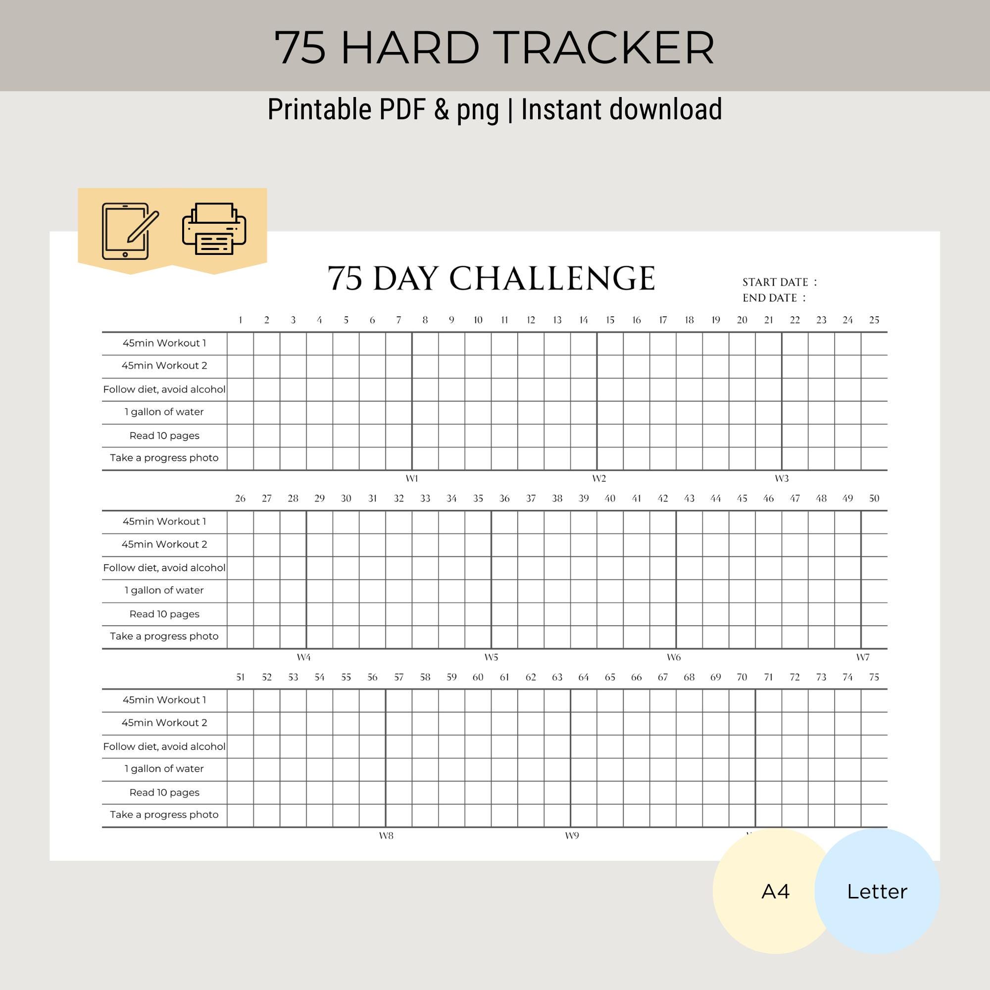 75 Hard Challenge Tracker Printable | Stay Disciplined Track Daily ...