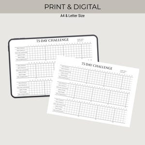 Puede incluir: Una tableta digital negra y una hoja impresa en blanco que muestra un rastreador de desaf&iacute;os de 75 d&iacute;as. El rastreador incluye secciones para actividades diarias y una cuadr&iacute;cula para marcar el progreso. El texto "PRINT & DIGITAL" y "A4 & Letter Size" est&aacute;n en la parte superior.