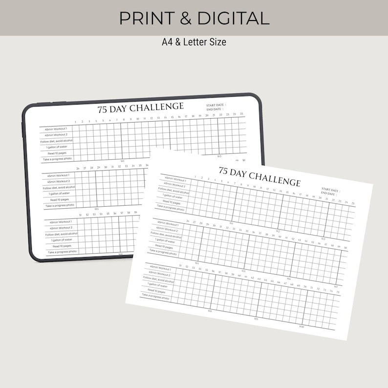 Puede incluir: Una tableta digital negra y una hoja impresa en blanco que muestra un rastreador de desaf&iacute;os de 75 d&iacute;as. El rastreador incluye secciones para actividades diarias y una cuadr&iacute;cula para marcar el progreso. El texto "PRINT & DIGITAL" y "A4 & Letter Size" est&aacute;n en la parte superior.