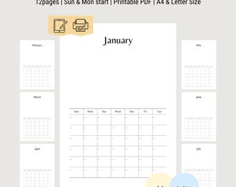Undated Printable Calendar Monthly Planner Start Anytime Reusable Print at Home