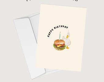 Printable Birthday Card | Kawaii Burger & Duck Design (DIY Envelope Included)
