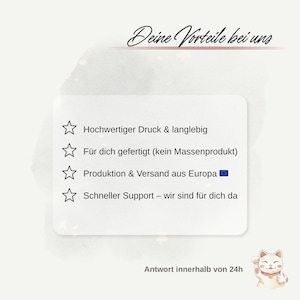 May include: A graphic with text in German, including "Deine Vorteile bei uns" and bullet points about print quality, custom production, European shipping, and support. A lucky cat illustration is in the corner.