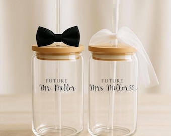 Personalized Future Mr and Mrs Glass Can Set, Engagement Couple Gift