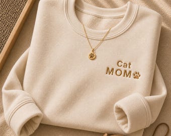 Cat Mom Embroidered Sweatshirt, Minimalist Cat Lover Crewneck, Pet Mom Gift, Cozy Unisex Pullover