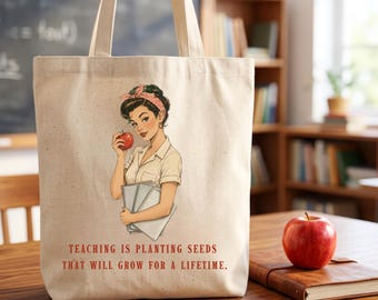 Personalized Canvas Teacher Tote: Vintage Apple Design with Custom Name