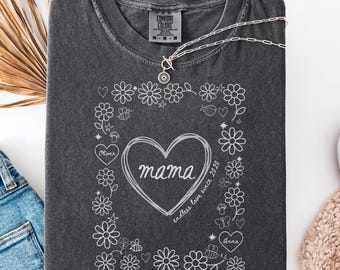 Personalized Mama Shirt, Custom Kids Names, Hand Drawn Floral Frame, Comfort Colors Pepper