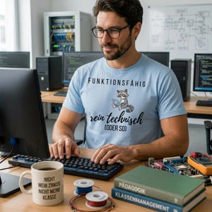 May include: A light blue t-shirt with the text "FUNKTIONSF&Auml;HIG rein technisch (ODER SO)" and a raccoon graphic. A white mug with the text "NICHT MEIN ZIRKUS NICHT MEINE KLASSE" sits on a wooden desk. The person is wearing glasses and working on a computer.