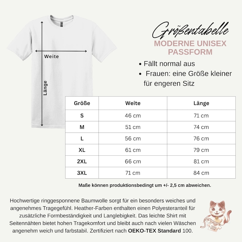 May include: A white t-shirt with a crew neck, displayed with a size chart. The chart provides measurements in centimeters for sizes S to 3XL, including width and length. The text on the chart is in German.