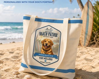 Personalized Beach Patrol Tote Bag, Custom Dog Photo Tote, Dog Mom Beach Bag, Pet Portrait Tote, Family Vacation Gift