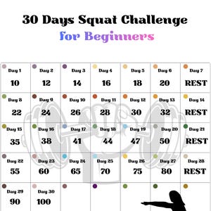 Pode incluir: Um gráfico branco de 30 dias de desafio de agachamento para iniciantes, com uma grade mostrando a contagem diária de agachamentos de 10 a 100 e dias de descanso. O gráfico inclui o texto "Strong legs. Strong mind. One squat at a time." e uma silhueta de uma pessoa agachada.