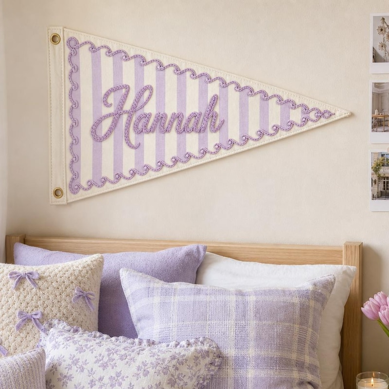 Custom Embroidered Name Pennant, Striped Cotton Canvas Banner, Girly Dorm Decor, Gift For Daughter, Nursery Wall Art, Preppy Dorm Decor