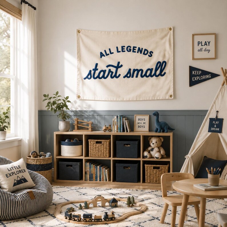 All Legends Start Small Canvas, Nursery Wall Art, Custom Embroidered Baby Name Canvas Flag, Kid's room Embroidery imagen 2