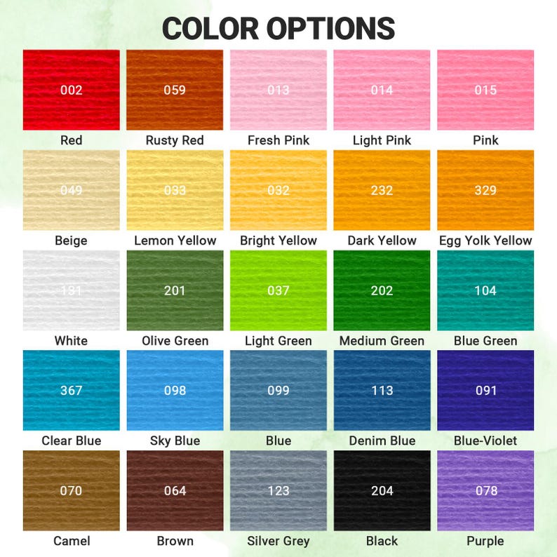 Puede incluir: Una carta de colores que muestra una variedad de colores de hilo con n&uacute;meros y nombres correspondientes. La carta incluye tonos de rojo, rosa, amarillo, verde, azul, marr&oacute;n, gris, negro y morado. El texto "COLOR OPTIONS" est&aacute; en la parte superior.