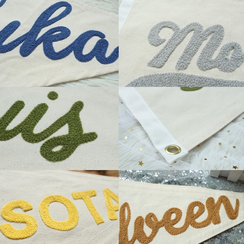 Puede incluir: Primer plano de varias pancartas de lona blanquecina con texto bordado en varios colores. Las pancartas presentan palabras como "Lika", "Mo", "Louis", "Sota" y "Halloween". Cada pancarta tiene un borde blanco y un ojal dorado.