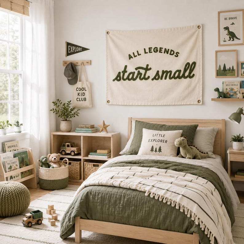 All Legends Start Small Canvas, Nursery Wall Art, Custom Embroidered Baby Name Canvas Flag, Kid's room Embroidery imagen 1